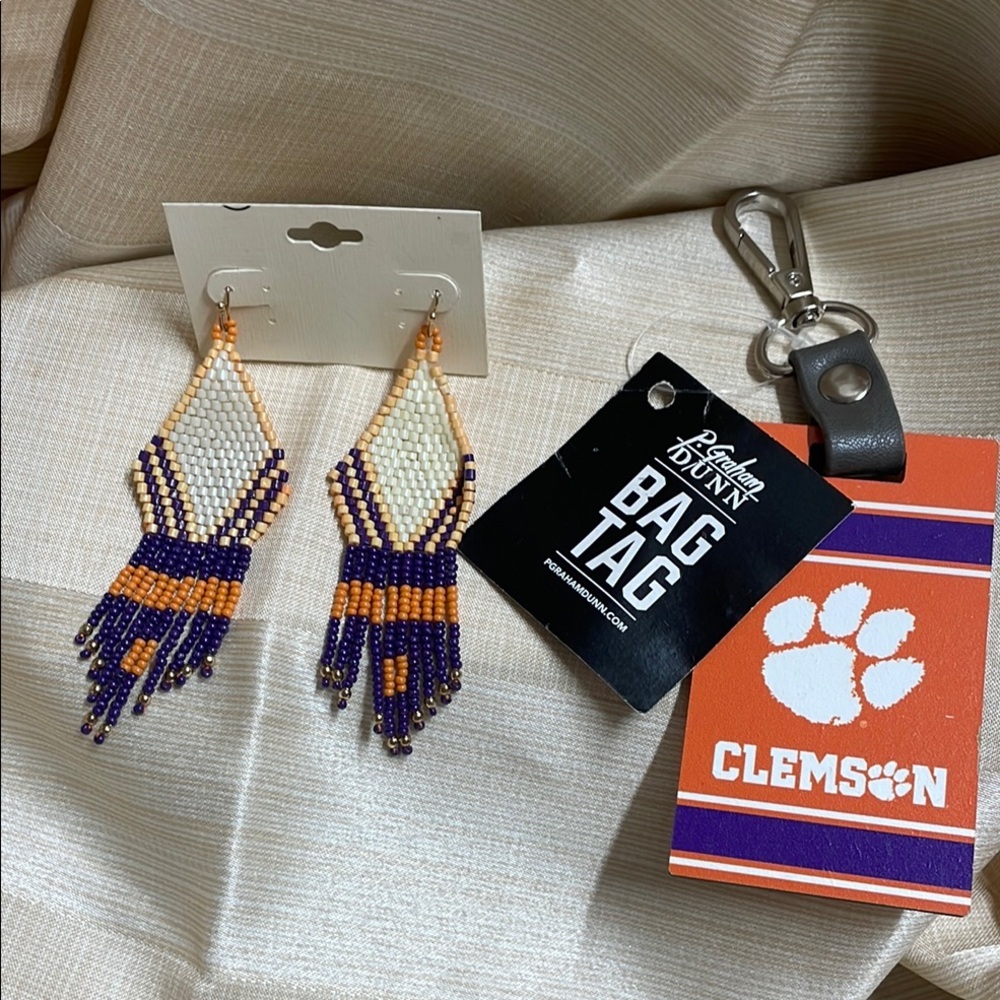 Purple and Orange Key & Card Holder with Clemson Paw Logo And Clemson Earrings